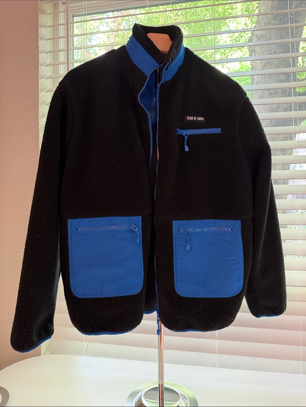 Year of Ours Black Fleece Jacket with Blue Pocket Accents